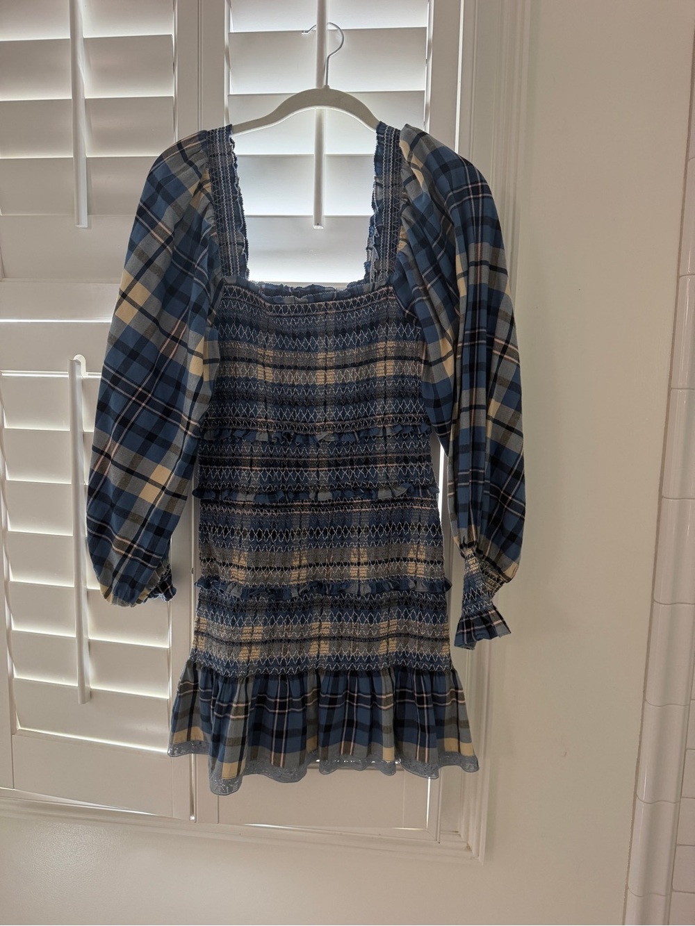 LoveShackFancy Blue Plaid Smocked Dress, size M (fits S-M)